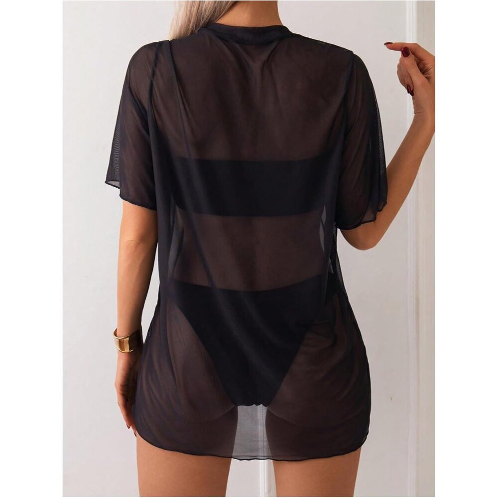 Women's Mesh Cover Up Swimsuit Top Sheer Skull Print Short Sleeve Beach Wear - Picture 2 of 5